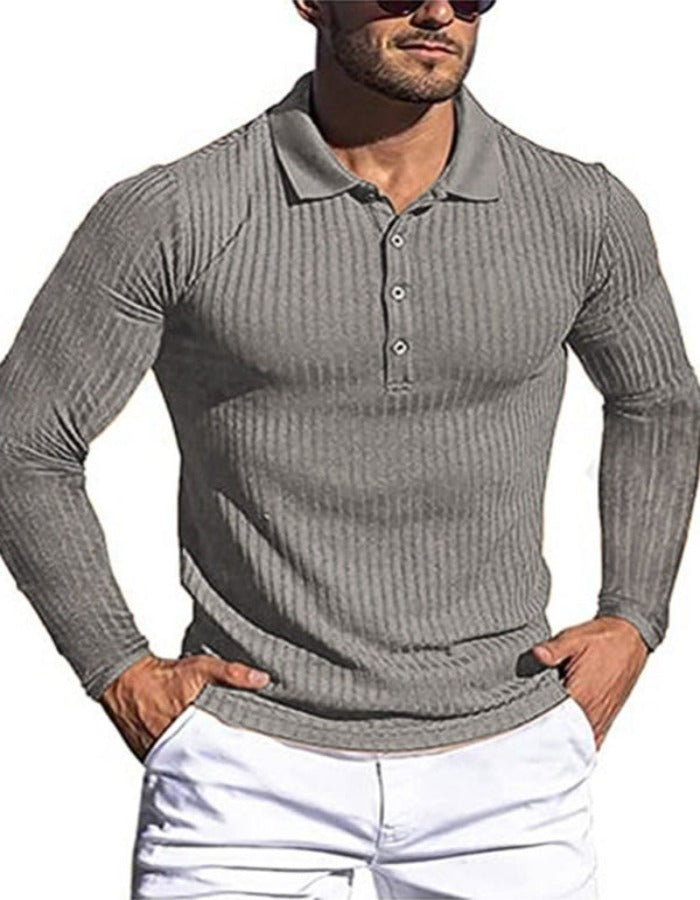 SHOPIQAT New Men's High Elastic Vertical Strip Long Sleeve Slim Knit Bottom Polo Shirt - Premium from shopiqat - Just $7.900! Shop now at shopiqat